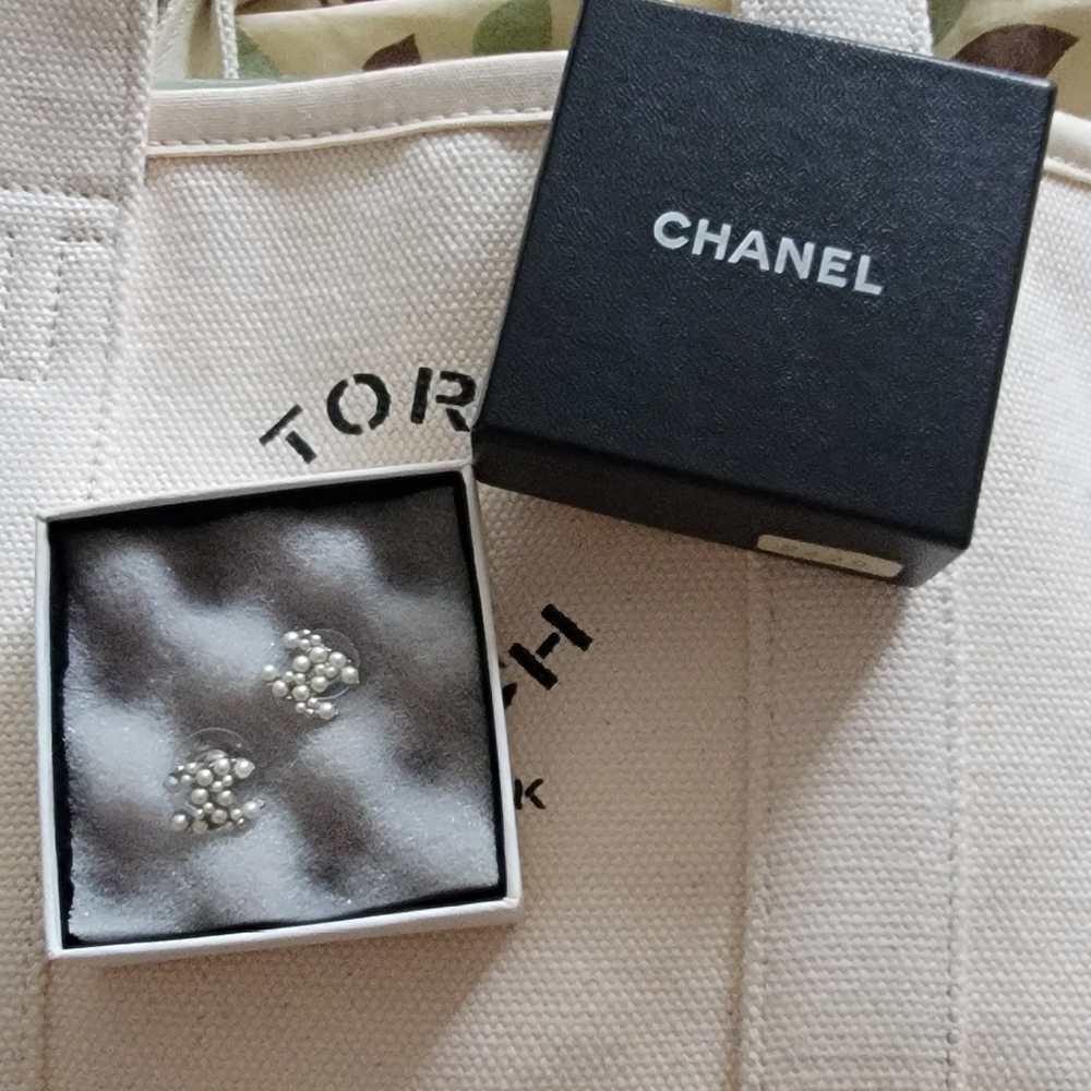 Chanel CC Logo Pearl Silvertone Earrings